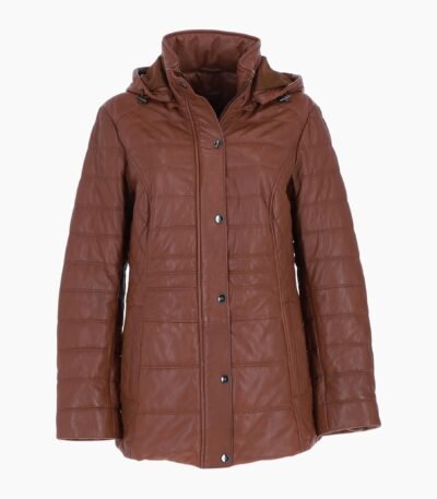 Womens Genuine Leather Quilted Hooded Jacket