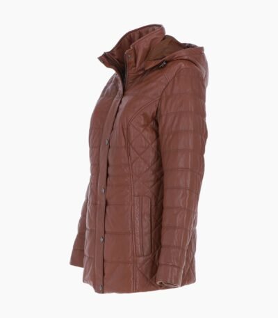 Womens Genuine Leather Quilted Hooded Jacket