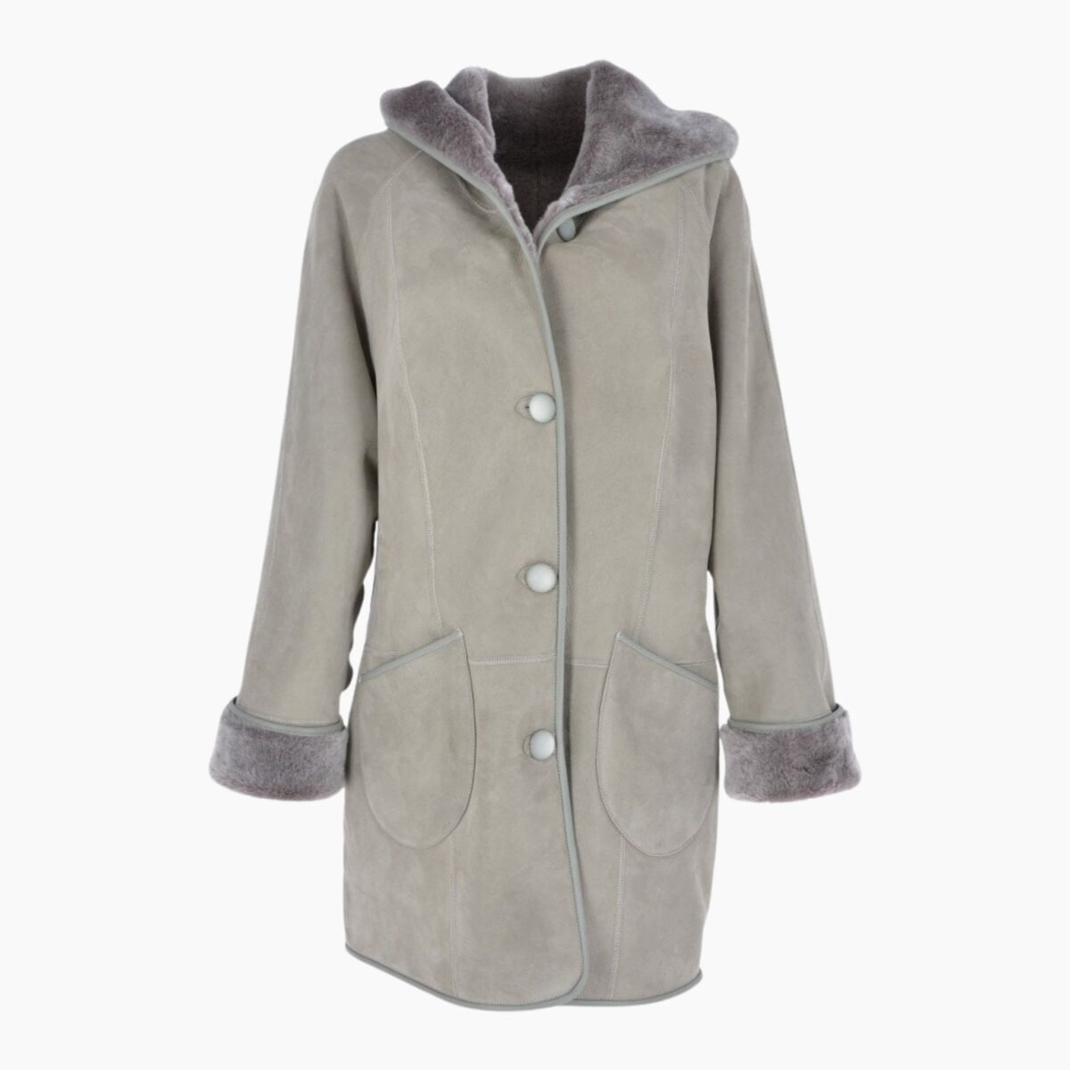 Women's Gray Suede Sheepskin Hooded Coat Women's Gray Suede Sheepskin Hooded Coat