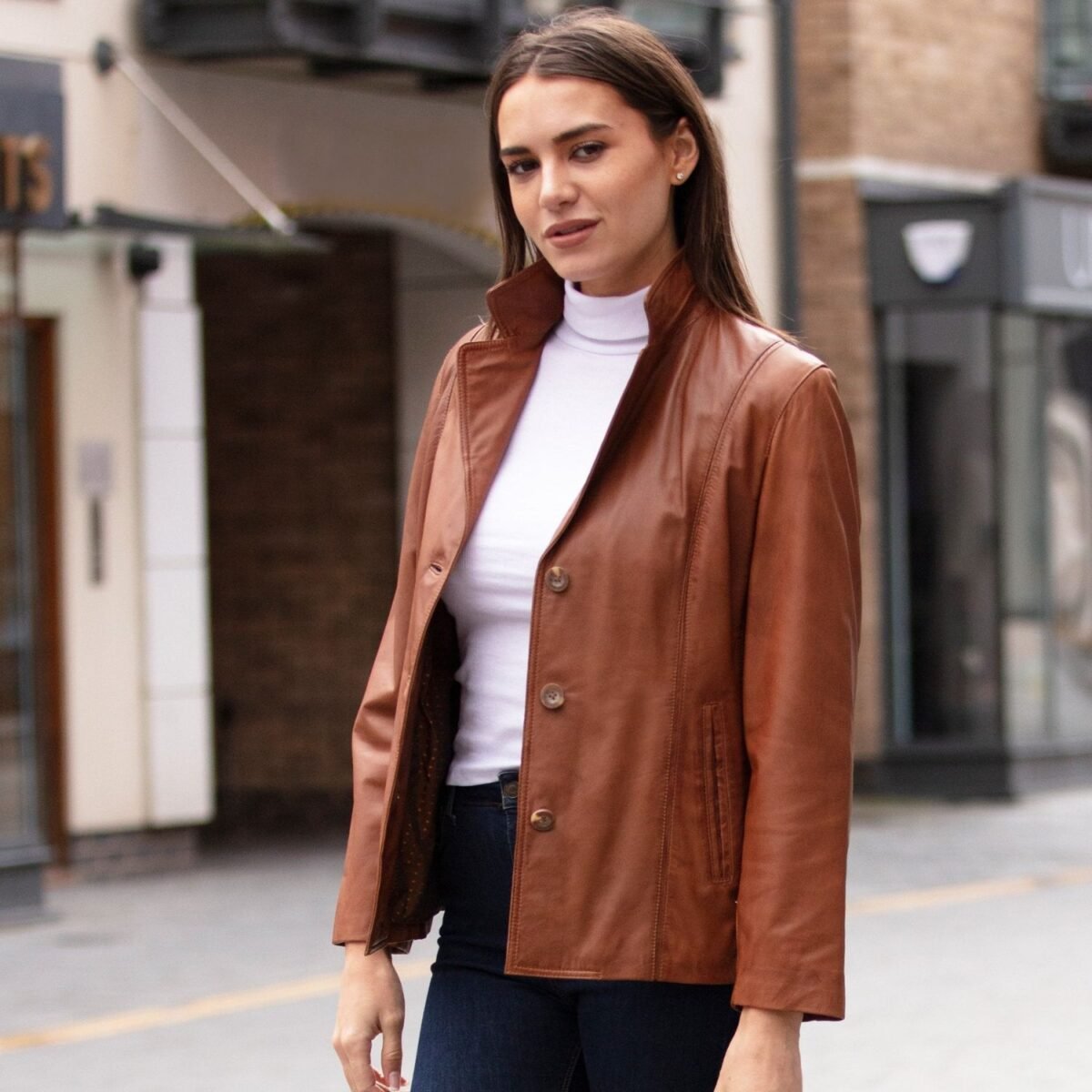 Womens Leather Blazer Jacket Cognac
