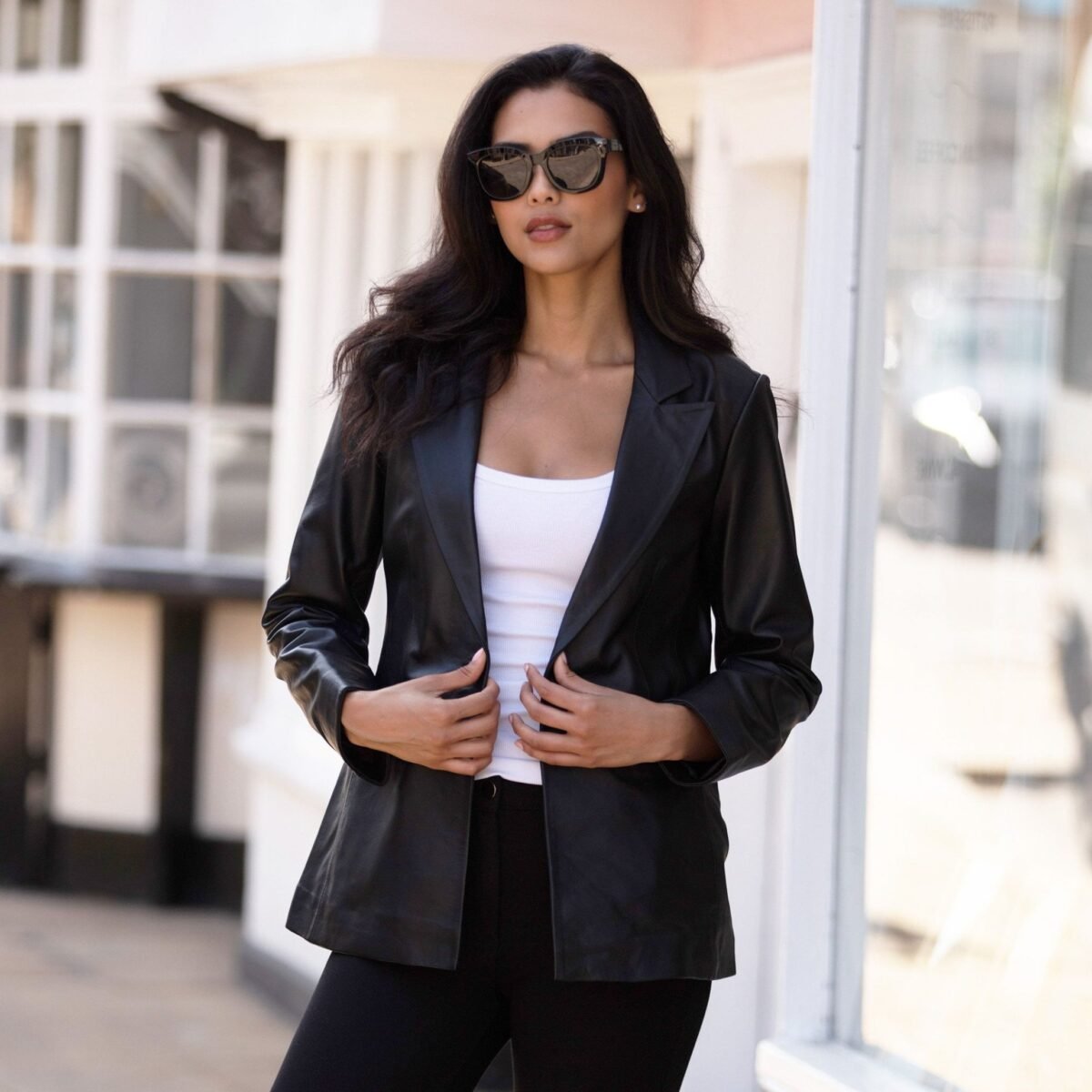 Womens Leather Fashion Single Breasted Blazer Black