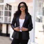 Womens Leather Fashion Single Breasted Blazer Black