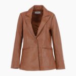 Womens Leather Fashion Single Breasted Blazer Tan