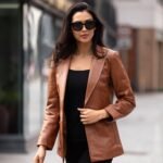 Womens Leather Fashion Single Breasted Blazer Tan