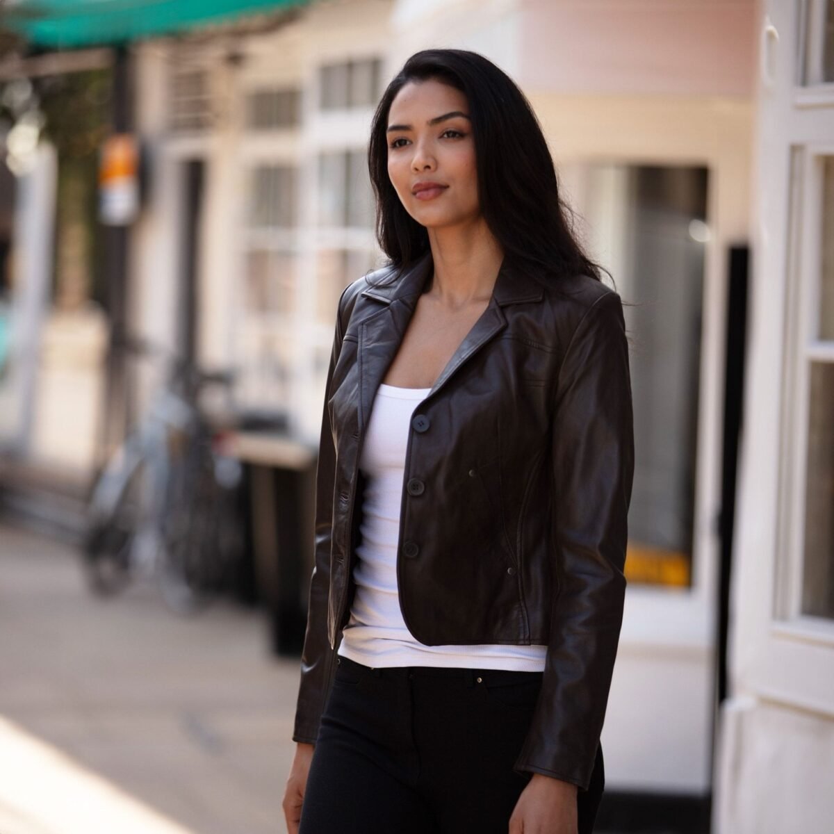 Womens Leather Short Blazer Jacket Chocolate Alameda