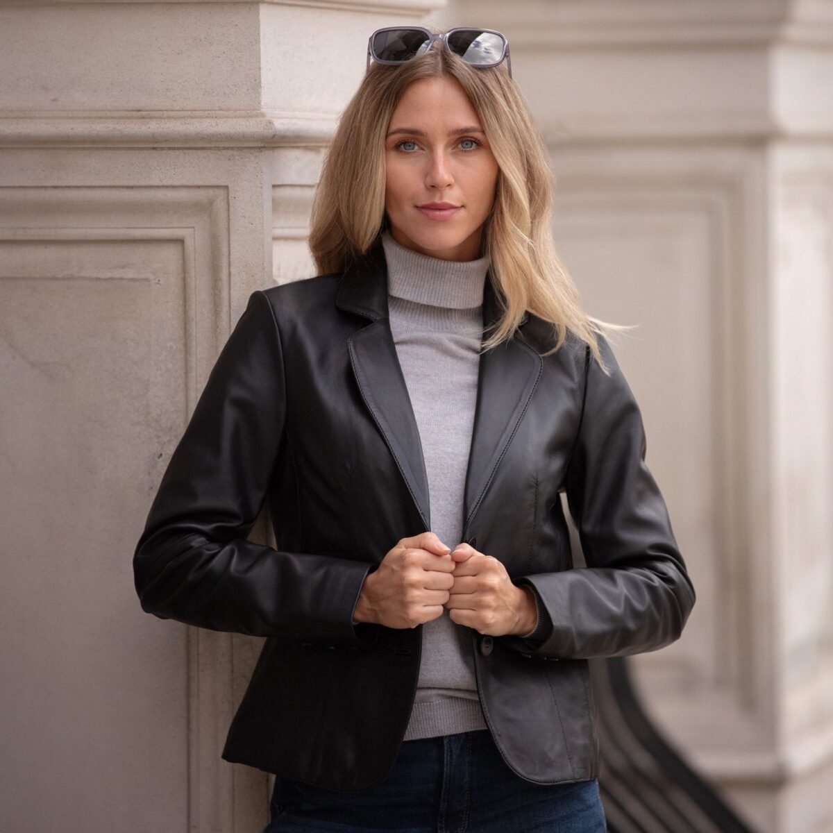 Womens Two Button Leather Blazer Black