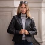 Womens Two Button Leather Blazer Black