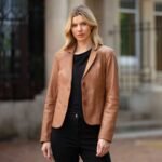 Womens Two Button Leather Blazer Tan