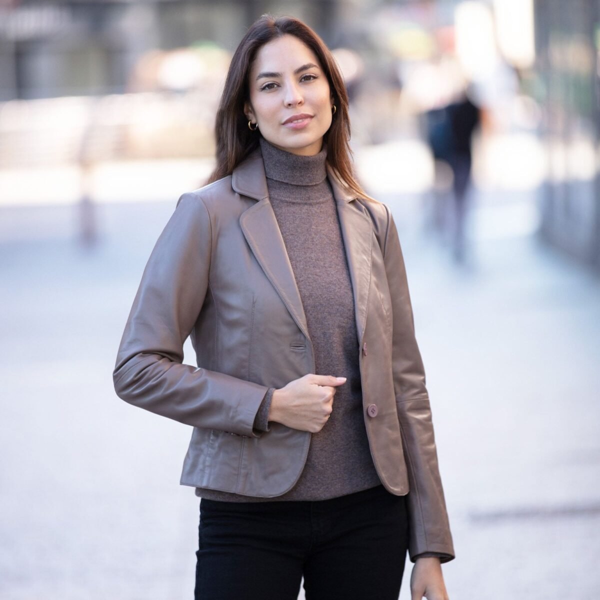 Womens Two Button Leather Blazer Taupe