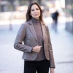 Womens Two Button Leather Blazer Taupe