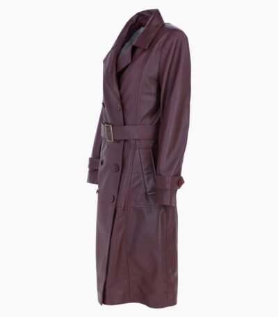 Womens Burgundy Leather Trench Coat