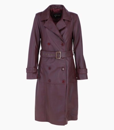Womens Burgundy Leather Trench Coat