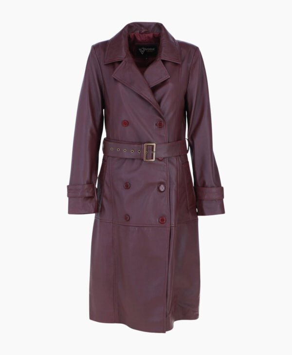 Womens Burgundy Leather Trench Coat